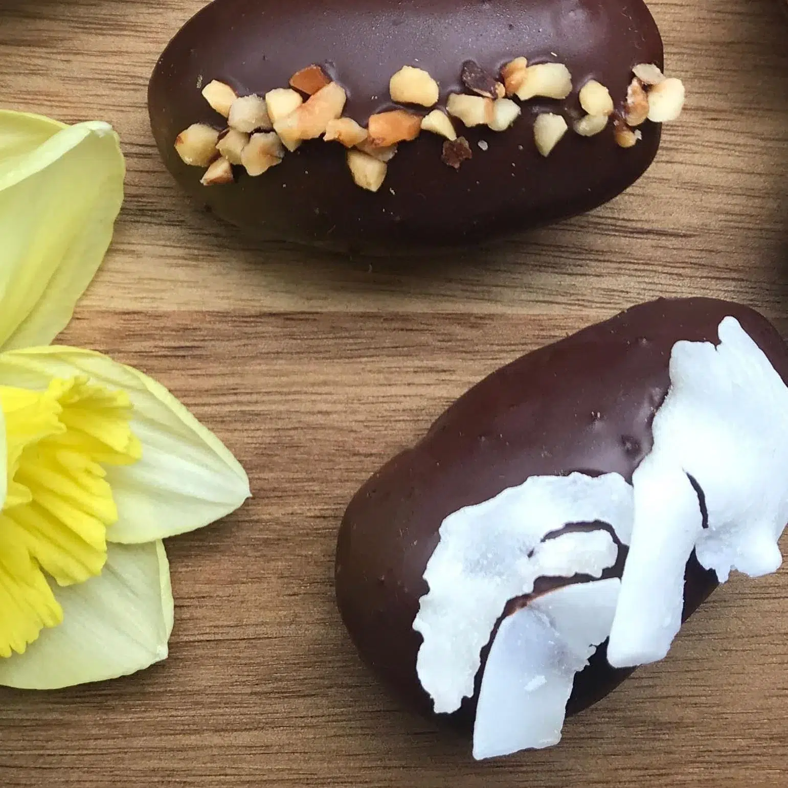 An image of two dark chocolate healthy easter eggs alongside a daffodil