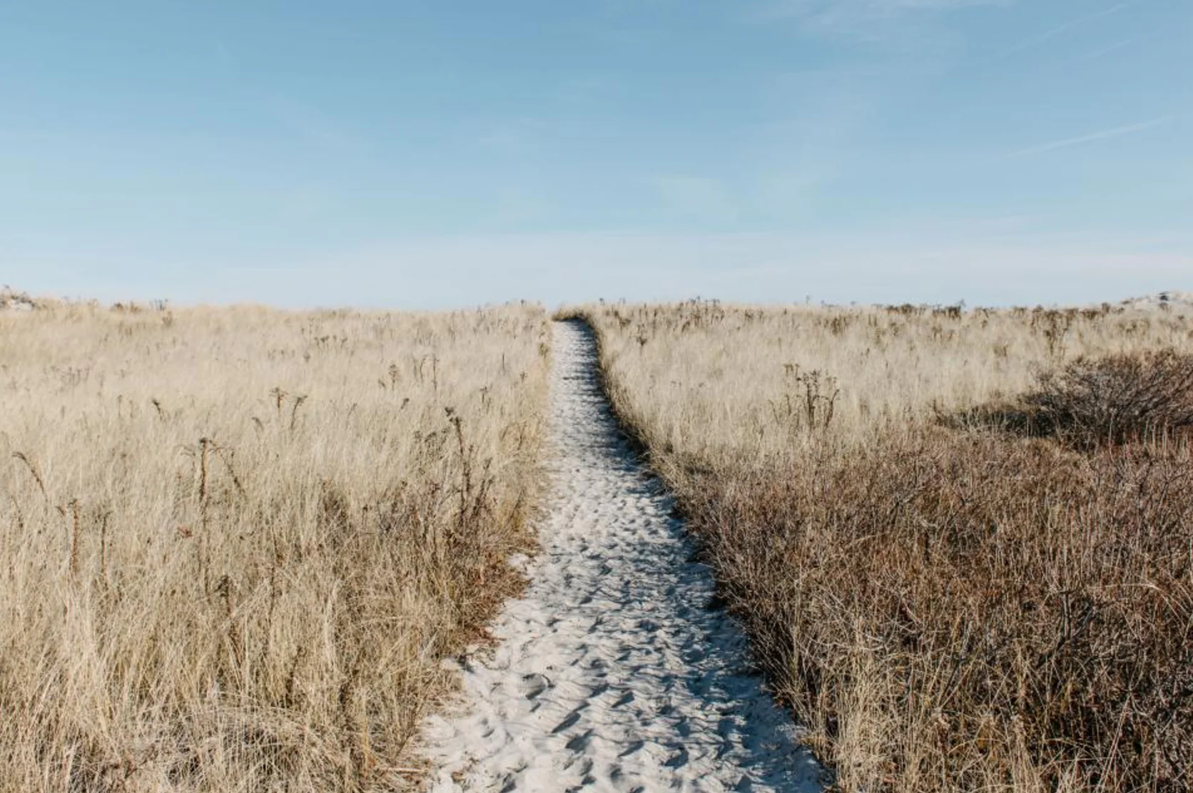 An image of a sandy path through sand dunes on a beach against a blue sky